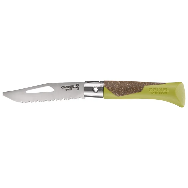 Opinel Neo7 Alpine Linden Folding Knife - 3.2" Serrated Stainless Steel Blade  Polypropylene and Cork Green Handle Cyclaire Knives and Tools