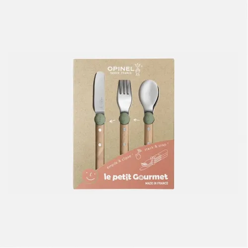 Opinel Le Petit Olive Green Gourmet Set for Kids - Knife (without cutting edge) Fork and Spoon