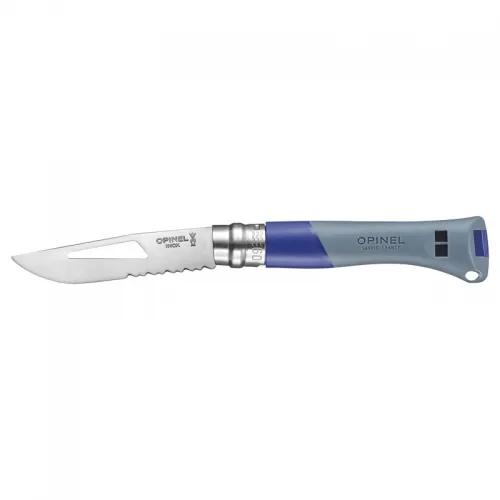 Opinel No.9 Ocean Blue Water Sports Knife - 3.54" Part Serrated Blade with Marlin Spike Blue Grey Handle 