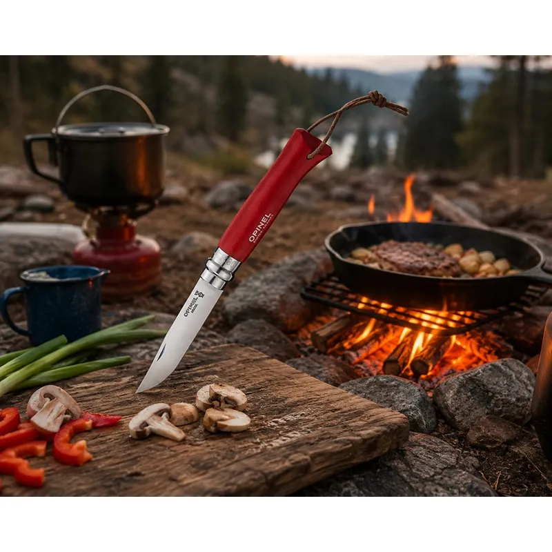 Opinel No.8 Folding Pocket Knife Red - 3.34" Stainless Steel Blade Red Beechwood Handle Cyclaire Knives and Tools