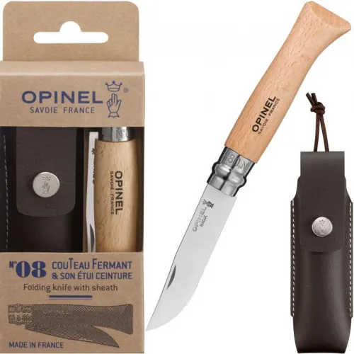 Opinel No.8 Folding Pocket Knife with Leather Sheath Gift Pack - 3.35" Stainless Steel Blade Beechwood Handle