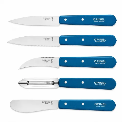 Opinel 5 Piece Blue Kitchen Knife Set - Paring, Serrated, Veg, Peeler and Spreading Knife - Save 10%