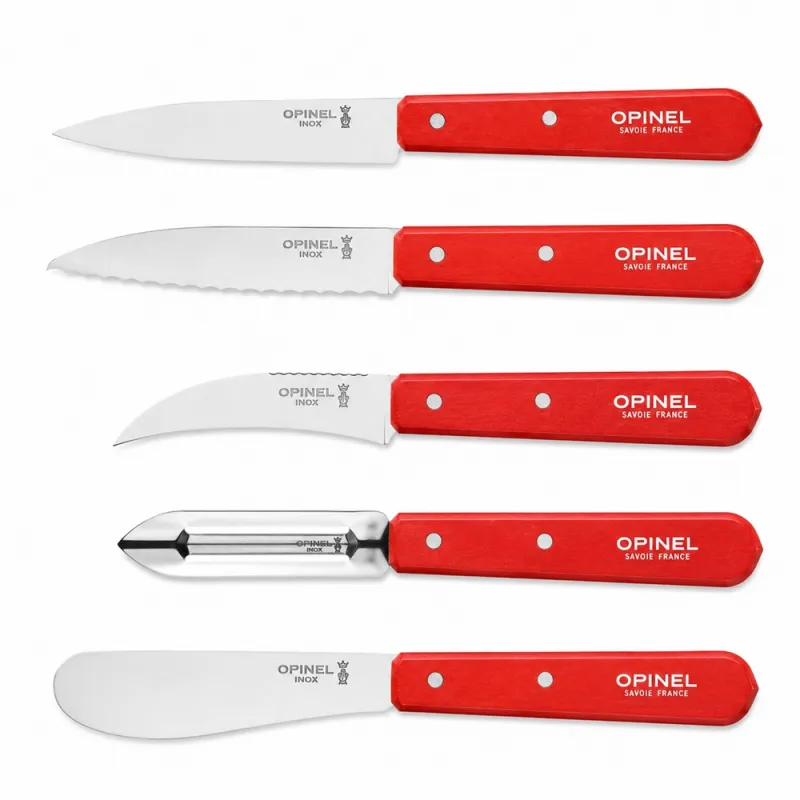 Opinel 5 Piece Red Kitchen Knife Set - Paring, Serrated, Veg, Peeler and Spreading Knife - Save 10% Cyclaire Knives and Tools