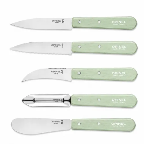 Opinel 5 Piece Sage Kitchen Knife Set - Paring, Serrated, Veg, Peeler and Spreading Knife - Save 10%