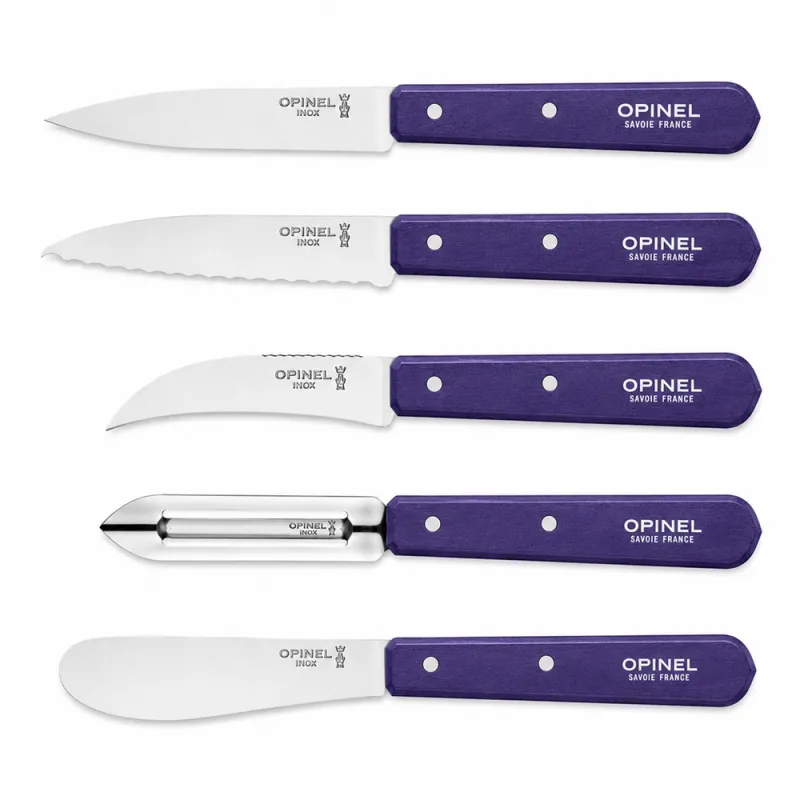 Opinel 5 Piece Violet Kitchen Knife Set - Paring, Serrated, Veg, Peeler and Spreading Knife - Save 10% Cyclaire Knives and Tools