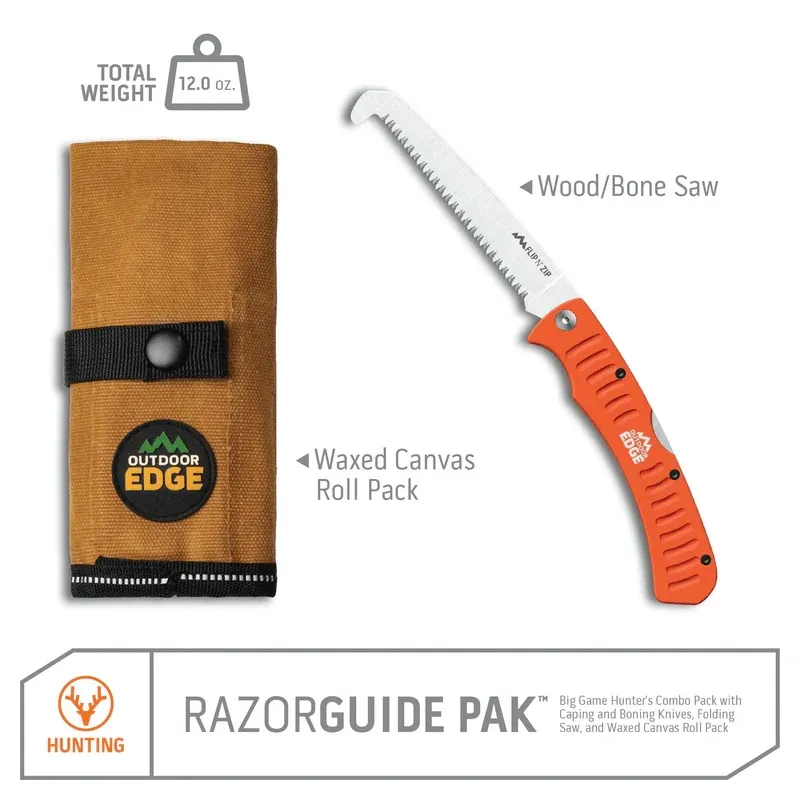 Outdoor Edge RazorGuide Pak - Compact Hunting Kit with Waxed Canvas Roll Cyclaire Knives and Tools