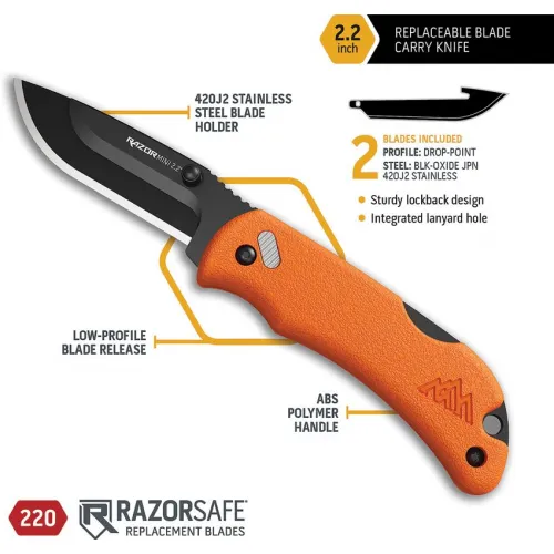 Outdoor Edge Razor Mini Lockback Knife Orange - 2.2" Replaceable Black Coated 420J2 DP Blade Orange ABS Handle