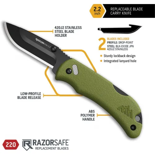 Outdoor Edge Razor Mini Lockback Knife - 2.2" Replaceable Black Coated 420J2 DP Blade OD Green ABS Handle