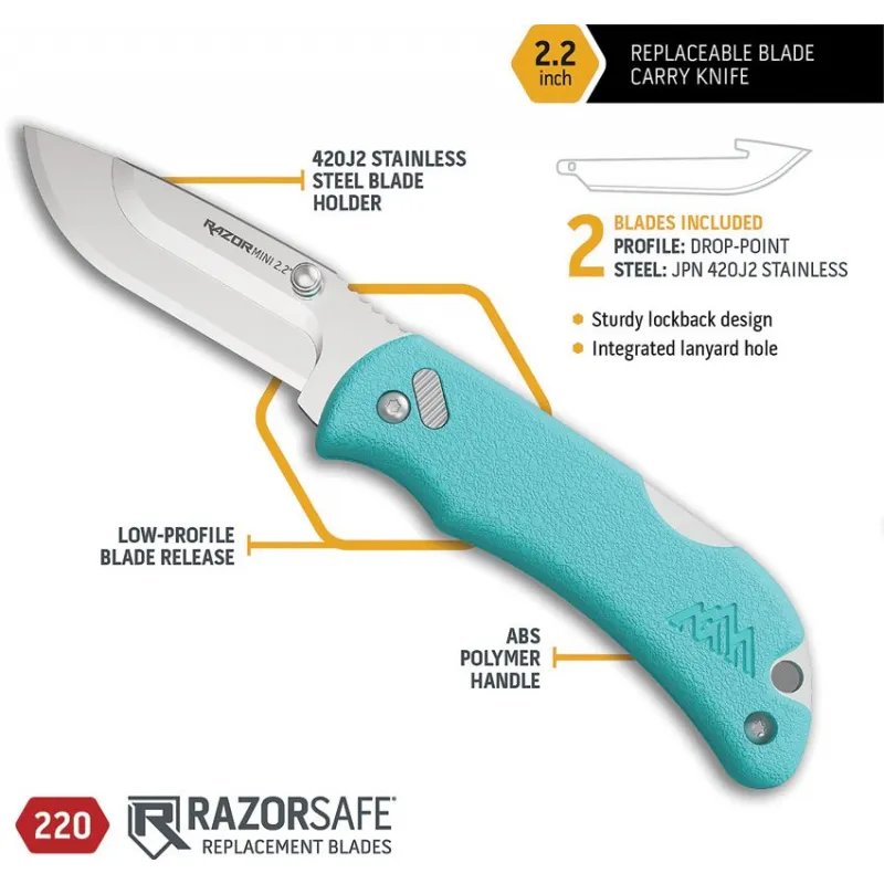 Outdoor Edge Razor Mini Lockback Knife Teal - 2.2" Replaceable 420J2 DP Blade Teal ABS Handle Cyclaire Knives and Tools