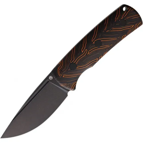 Petrified Fish Beluga Fixed Blade Knife - 3.63" Black Stonewash K110 Stainless Blade Black and Orange G10 Handle