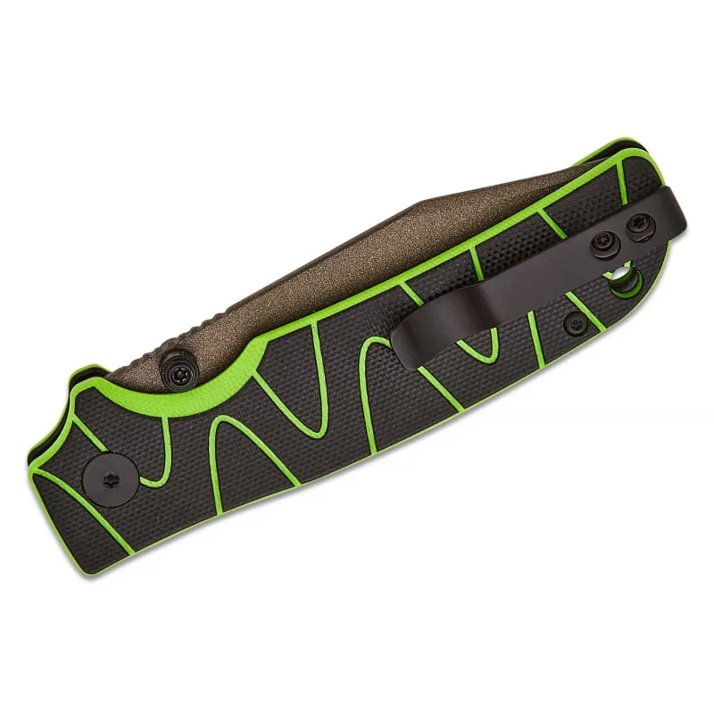 QSP Kali Folding Knife - 3.25" 14C28N Champagne Blade Black and Green Neon Milled G10 Handle Cyclaire Knives and Tools