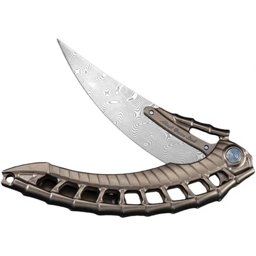 Rike Knives Alien 4 Folding Knife - 4" Damasteel Curved Blade Dark Grey Skeletonized Titanium Handle