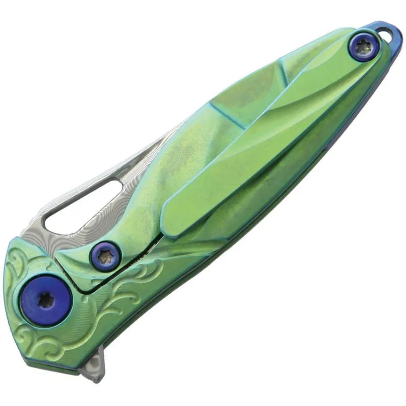 Rike Knife Hummingbird Miniature Keychain Folding Knife - 1.57" Rose Damasteel Blade Green Anodized Titanium Handle Kydex Neck Sheath Cyclaire Knives and Tools