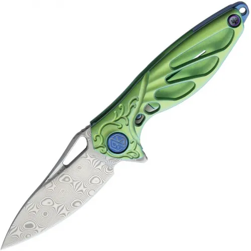 Rike Knife Hummingbird Miniature Keychain Folding Knife - 1.57" Rose Damasteel Blade Green Anodized Titanium Handle Kydex Neck Sheath