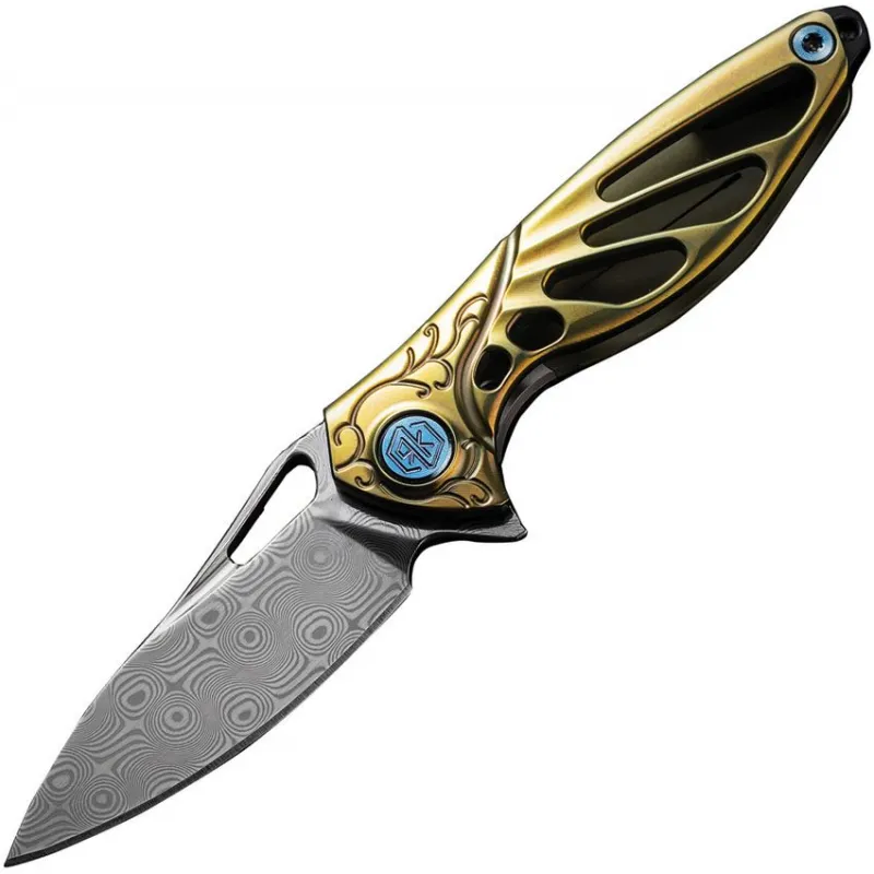 Rike Knife Mini Frame Lock Folding Knife - 1.5" Rose Damascus Blade Gold Anodized Titanium Handle Cyclaire Knives and Tools