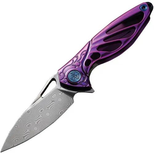 Rike Knife Mini Frame Lock Folding Knife - 1.5" Rose Damascus Blade Purple Anodized Titanium Handle