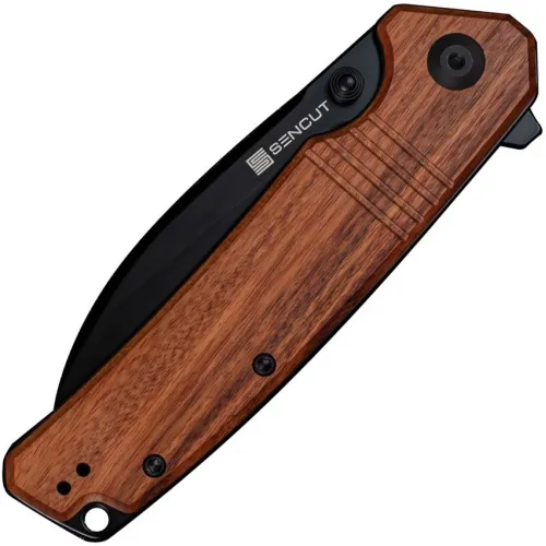 Sencut Knives Awassi Folding Knife - 3.5" Black Stainless Steel Sheepsfoot Blade Brown Wood Handle