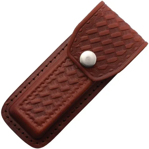 Basket Weave Texture Brown Leather Belt Sheath for Folding Knives up to 5"