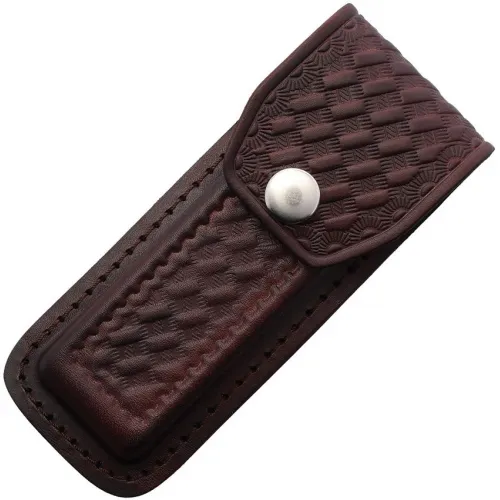 Basket Weave Texture Red Brown Leather Belt Sheath for Folding Knives up to 5"