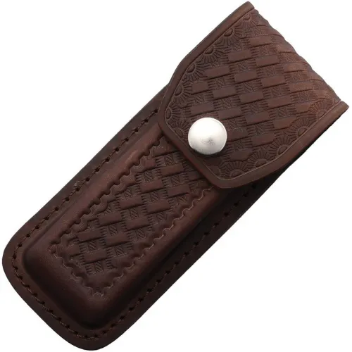 Basket Weave Texture Dark Brown Leather Belt Sheath for Folding Knives up to 5"
