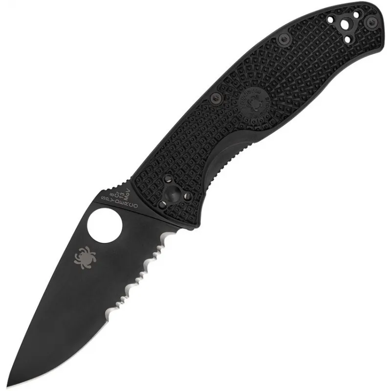 Spyderco LW Tenacious Folding Knife - 3.39" 8Cr13MoV Black Part Serrated Stainless Steel Plain Blade Black Handle Cyclaire Knives and Tools
