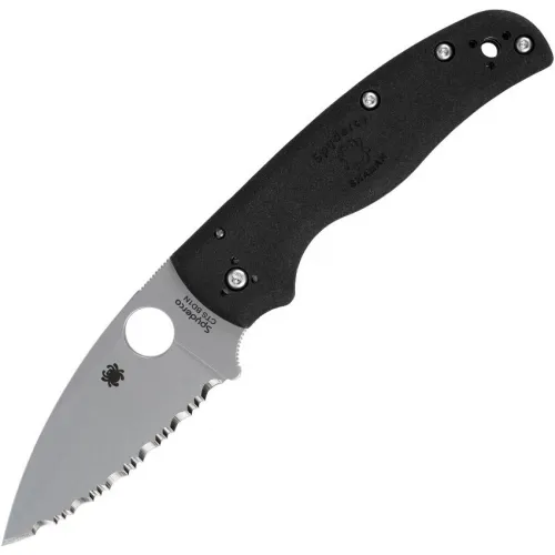 Spyderco Shaman Lightweight Serrated Folding Knife - 3.58" CTS-BD1N Stainless Steel Blade Black FRN Handle