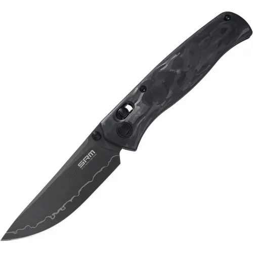 SRM Knives 255L-FB2 Ambi-Lock Folding Knife - 3.25" Laminated 140Cr Bead Blast Finish Blade Shredded Carbon Fiber Handle