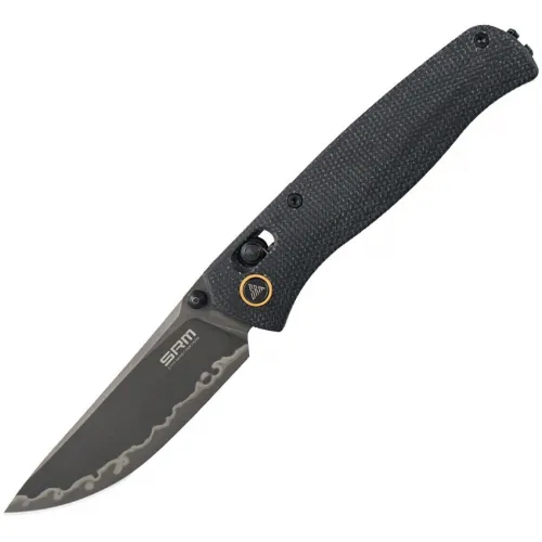 SRM Knives 255LMB3 Medal Ambi-Lock Folding Knife - 3.25" Laminated 140Cr Steel Blade Black Canvas Micarta Handle 