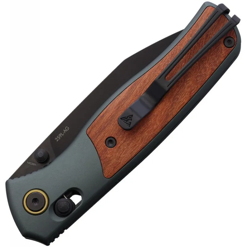 SRM Knives 259L-AG Medal Folding Knife - 3.2" 14C28N Black Blade Green Aluminum Handle with Rosewood inlay  Cyclaire Knives and Tools