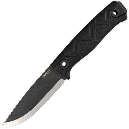 SRM Knives 702TGB Bushcraft Fixed Blade Knife - 3.88" Black 14C28N Stainless Steel Blade Black Sculpted G10 Handle