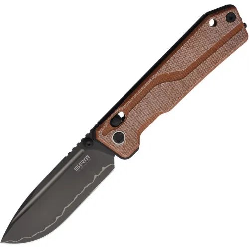SRM Knives 7228BMN2 Rubik Ambi-Lock Folding Knife - 3.5" Laminated 140Cr Steel Blade Brown Canvas Micarta Handle 