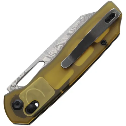 Tenable Knives Shard Crossbar Lock Folding Knife - 3.5" Damascus Steel Reverse Tanto Blade Amber PEI Handle