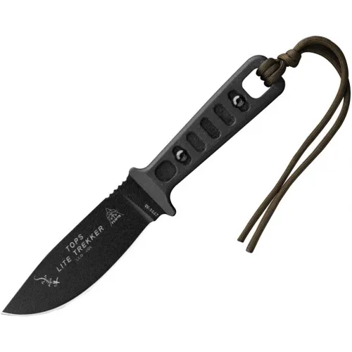 TOPS Knives Lite Trekker Fixed Blade Knife - 4.25" Black Finish 1095HC Carbon Steel Blade Black Linen Micarta Handle