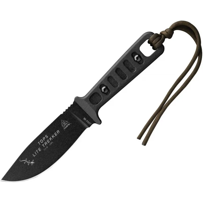 TOPS Knives Lite Trekker Fixed Blade Knife - 4.25" Black Finish 1095HC Carbon Steel Blade Black Linen Micarta Handle Cyclaire Knives and Tools