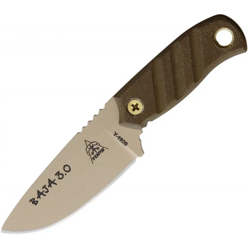 TOPS Knives Baja 3.0 Fixed Blade Knife - 3.25" Coyote Tan Finish 1095HC Carbon Steel Blade Canvas Micarta Handle Cyclaire Knives and Tools