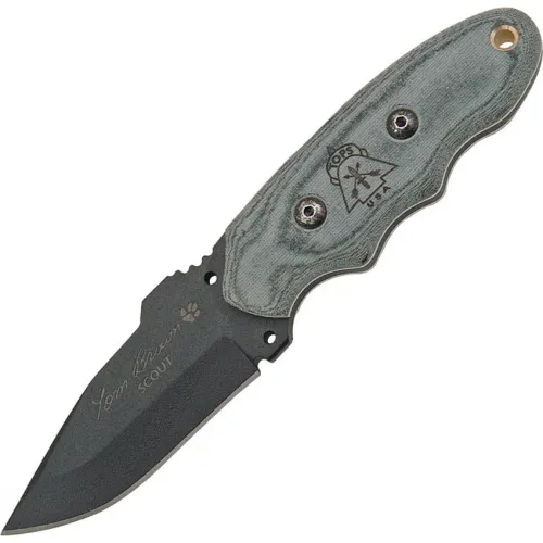 TOPS Knives Tom Brown Scout Fixed Blade Knife - 3.25" Black Finish 1095HC Carbon Steel Blade Black Micarta Handle
