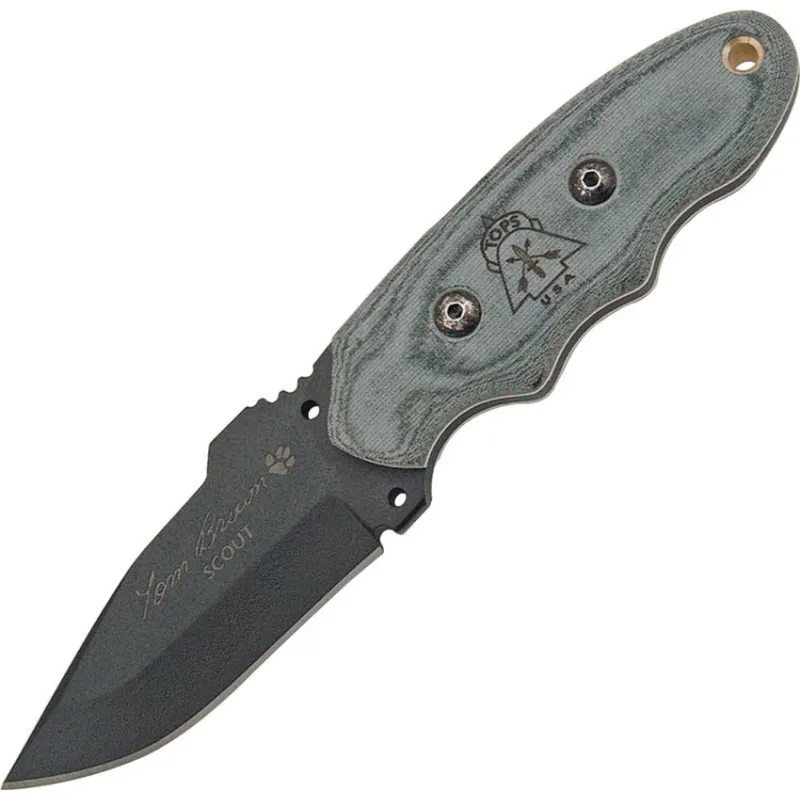 TOPS Knives Tom Brown Scout Fixed Blade Knife - 3.25" Black Finish 1095HC Carbon Steel Blade Black Micarta Handle Cyclaire Knives and Tools