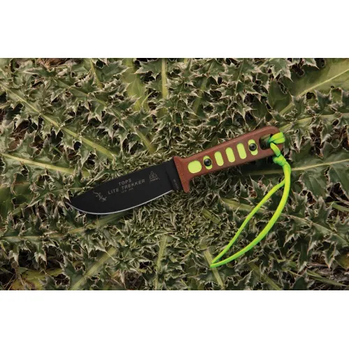 TOPS Knives Lite Trekker Fixed Blade Knife - 4.25" Black Finish 1095HC Carbon Steel Blade Tan and Neon Canvas Micarta Handle