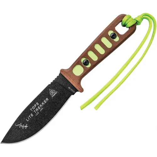 TOPS Knives Lite Trekker Fixed Blade Knife - 4.25" Black Finish 1095HC Carbon Steel Blade Tan and Neon Canvas Micarta Handle