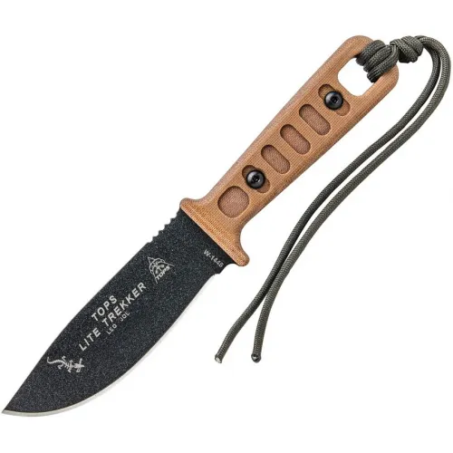 TOPS Knives Lite Trekker Fixed Blade Knife - 4.25" Black Finish 1095HC Carbon Steel Blade Tan Canvas Micarta Handle