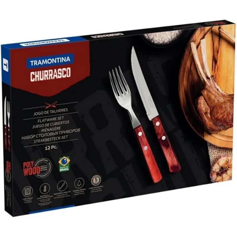Tramontina Churrasco 12 Piece Cutlery Set - 6 Knives and 6 Forks with Red Wood Handle Cyclaire Knives and Tools