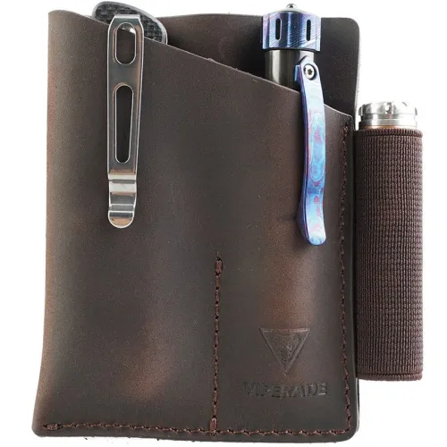 Viperade PJ12 EDC Brown Pocket Organiser – Leather Multi-Tool Pouch with Pen Loop, Card Slot & Belt Clip