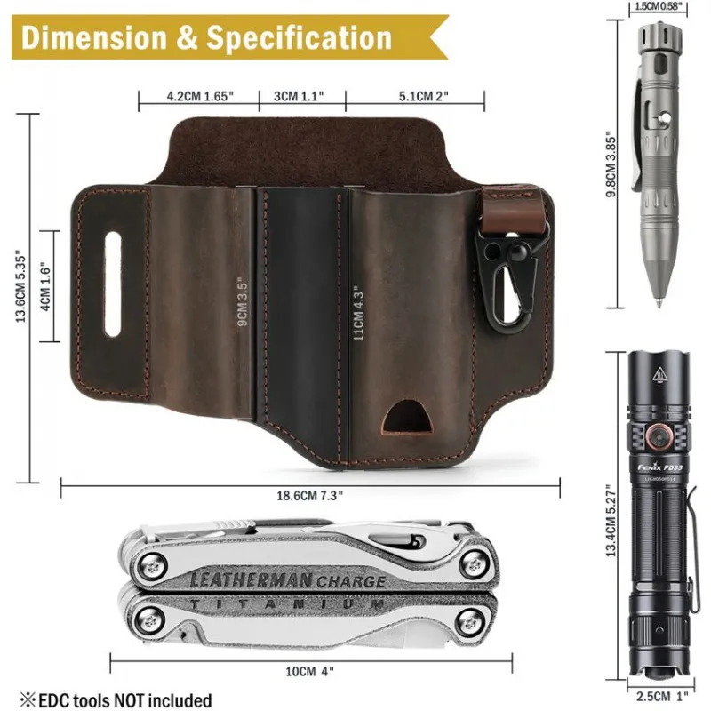 Viperade PJ29 Multi-Tool Belt Sheath for Belts Upto 1.3" Wide – Leather EDC Organiser with Multi-Pocket Design Cyclaire Knives and Tools