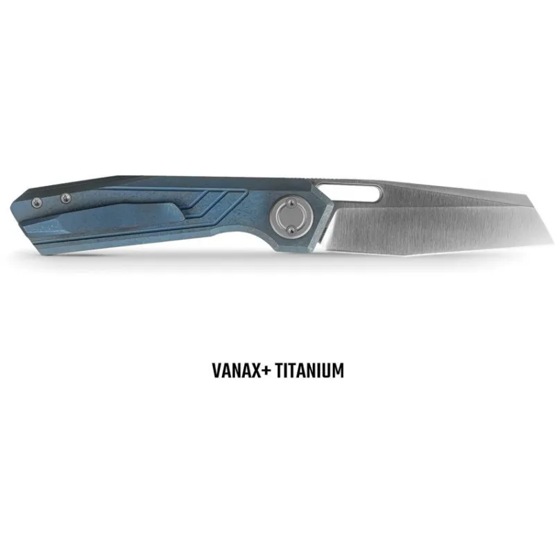 Vosteed Xeno Vanchor Lock Folding Knife - 3.25" Vanax Steel Reverse Tanto Blade Blue Titanium Handle Cyclaire Knives and Tools