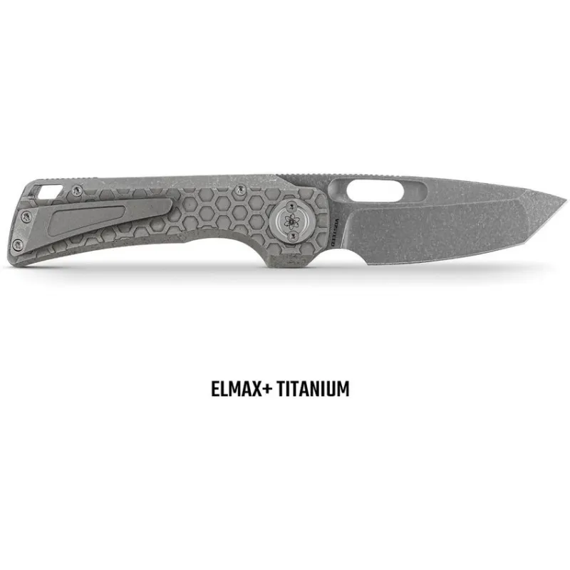 Vosteed Nymble EMP Vanchor Lock - 3.25" Satin and Bead Blast Elmax Steel Tanto Blade Grey Acid Wash Titanium Handle Cyclaire Knives and Tools