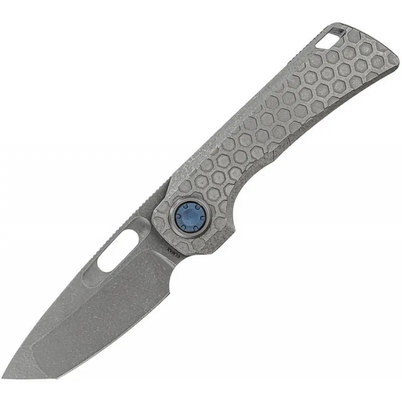 Vosteed Nymble EMP Vanchor Lock - 3.25" Satin and Bead Blast Elmax Steel Tanto Blade Grey Acid Wash Titanium Handle Cyclaire Knives and Tools