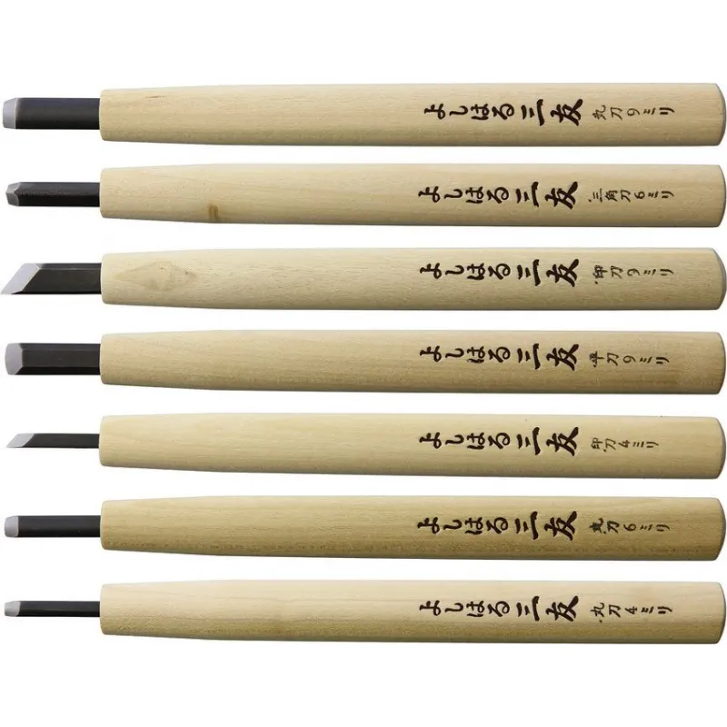 Yoshiharu Y-7 Traditional Japanese 7 Piece Carving Set Magnolia Wood Handle Cyclaire Knives and Tools