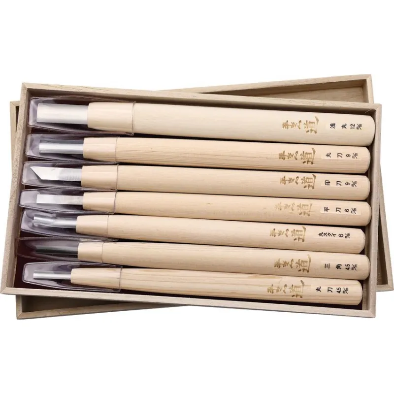 Yoshiharu H-91 Traditional Japanese 7 Piece Carving Set Japanese Cypress Wood Handle with Wooden Gift Box Cyclaire Knives and Tools