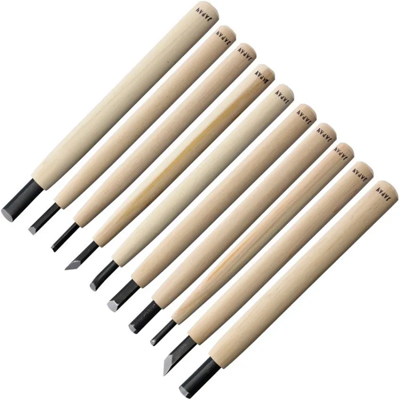 Yoshiharu H-117 Traditional Japanese 10 Piece Carving Set Japanese Cypress Wood Handle with Wooden Gift Box Cyclaire Knives and Tools