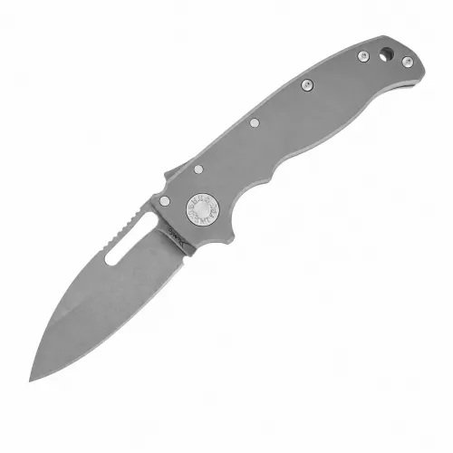 Demko Knives AD20.5 Shark Lock Folding Knife - 3.88" Stonewash CPM-3V Carbon Steel Blade Smooth Grey Titanium Handle